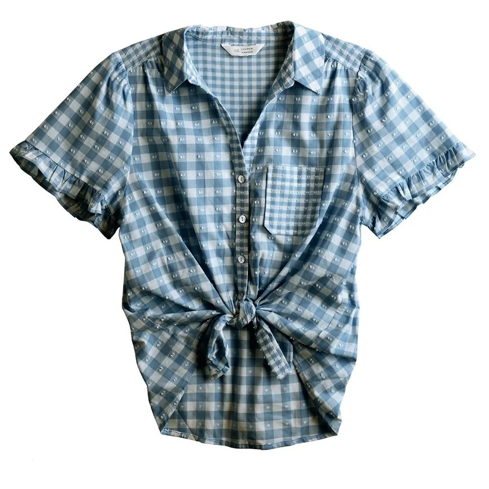 Women's LC Lauren Conrad Button-Front Curved Hem Top blue gingham size L #1478